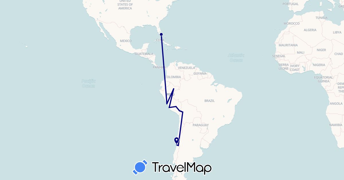 TravelMap itinerary: driving in Bolivia, Chile, Peru, United States (North America, South America)