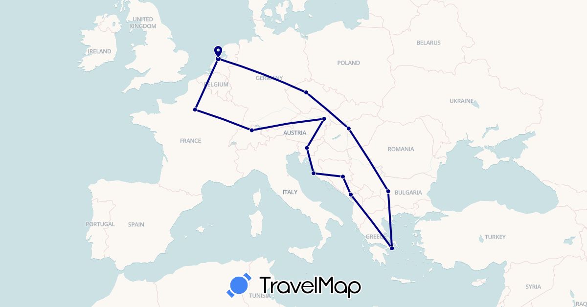 TravelMap itinerary: driving in Austria, Bosnia and Herzegovina, Bulgaria, Switzerland, Czech Republic, France, Greece, Croatia, Hungary, Montenegro, Netherlands, Slovenia (Europe)